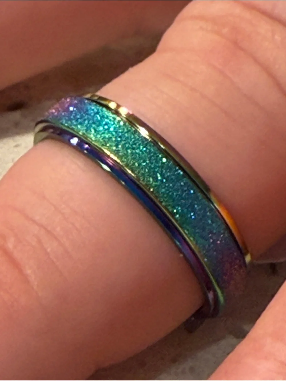 Black Men's Ring with Iridescent Rainbow Inlay